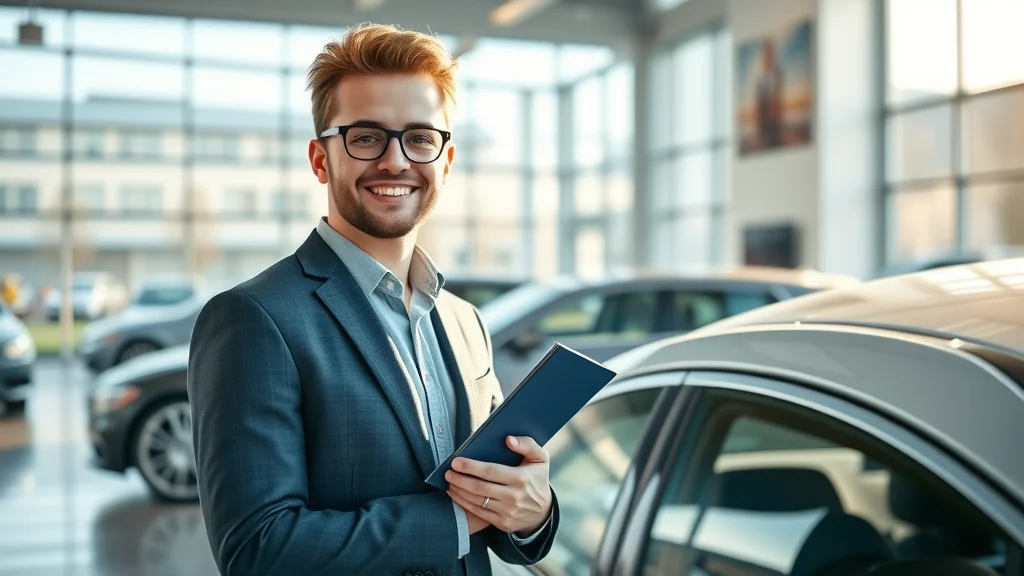 Optimistic young professional at a car dealership with a folder and a car, photorealistic, high detail, modern showroom - can i finance a car with a new job