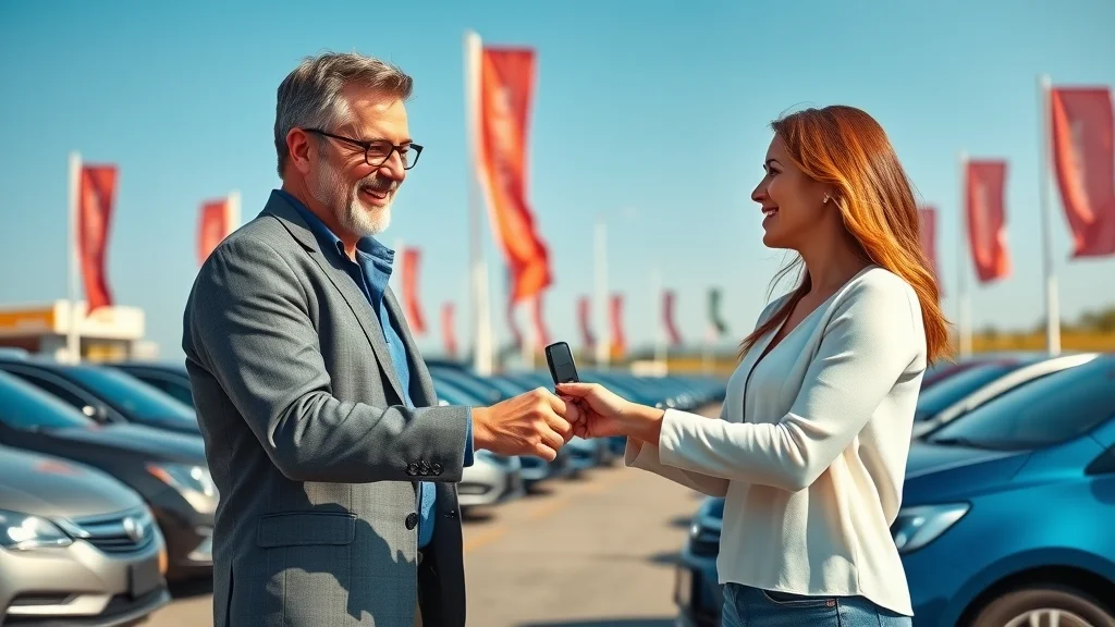 Satisfied couple shakes hands with credit-friendly car dealer after getting auto loan approval in a Brooklyn dealership.