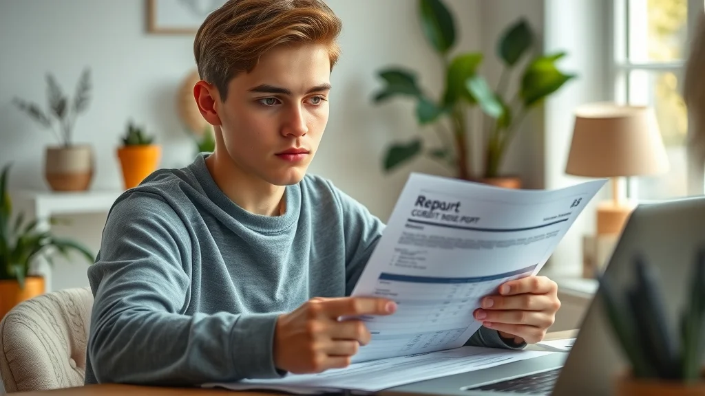 Young person reviewing credit score report for auto financing at home, focusing on credit-friendly car-buying opportunities.