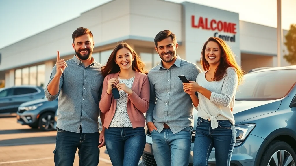 Happy family celebrating car loan approval at dealership, photorealistic, showing new car and keys, can i finance a car with a new job