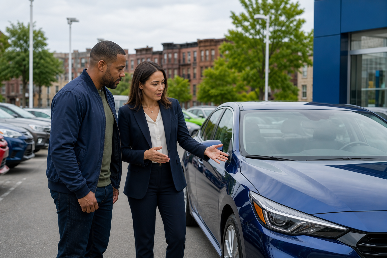 Brooklyn car buyer discussing a reliable vehicle with a dealership representative