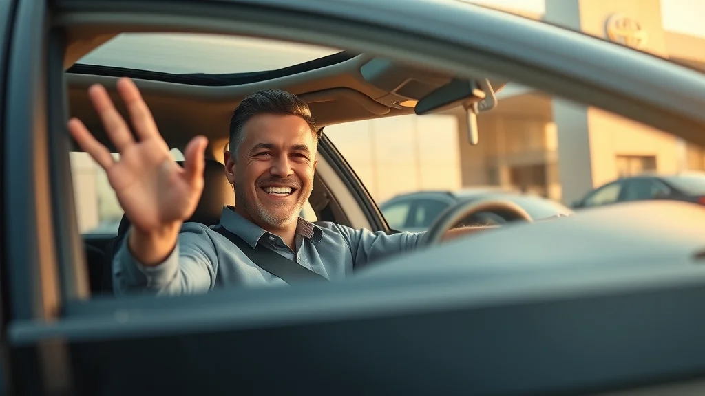 Proud new car owner waves joyfully after credit-friendly auto loan approval at Brooklyn dealership.