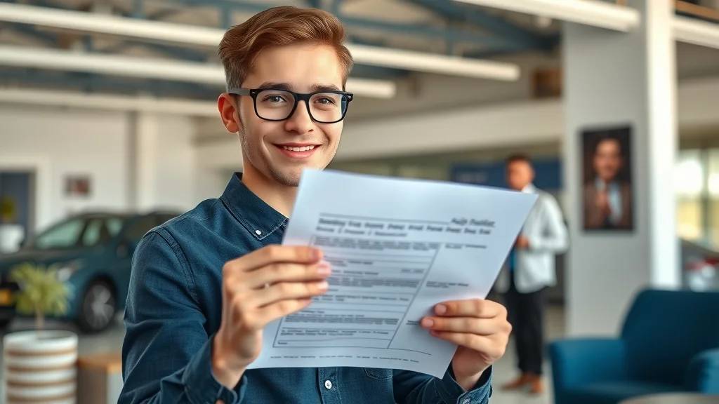Hopeful first-time car buyer considering a blank car loan application, relaxed demeanor, dealership setting, photorealistic - auto loan
